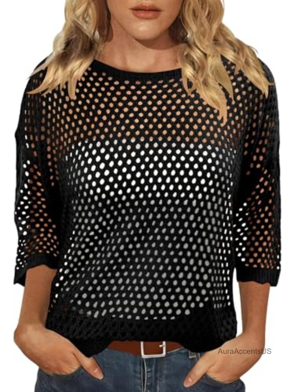 Women's 3/4 Sleeve Hollow Out Pullover Sweater Crochet Beach Cover Up